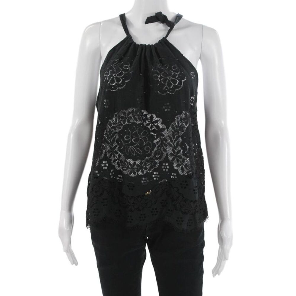 Valerie Khalfon Women Black Floral Cotton Bohemian Sleeveless Tank Size 40
